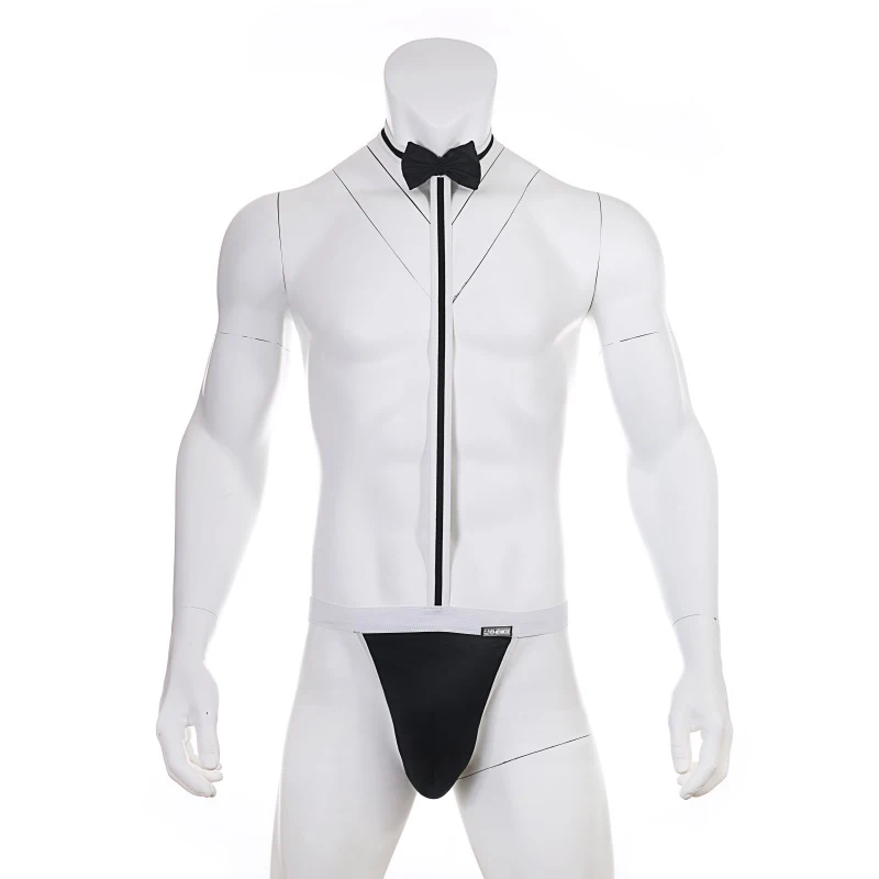 CLEVER-MENMODE Hot Sexy Male Underwear G String Homme Men\'s Sexy Bodysuit Bow Tie Waiter One Piece Lingerie Mankini Erotic Cloth