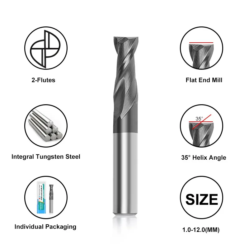 AZZKOR 1.0mm-12.0mm 11-Piece-Set Tungsten Steel Milling Cutter HRC50 2-Flute Carbide Endmill CNC Machining Center End Mill Tools