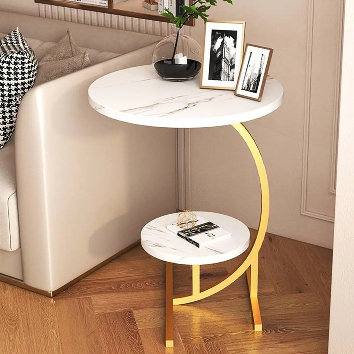 2 Layers Round Marble Texture Small C-Shaped Side Table,Snack Side Table, End Table For Sofa Side Table,Bedside Table For