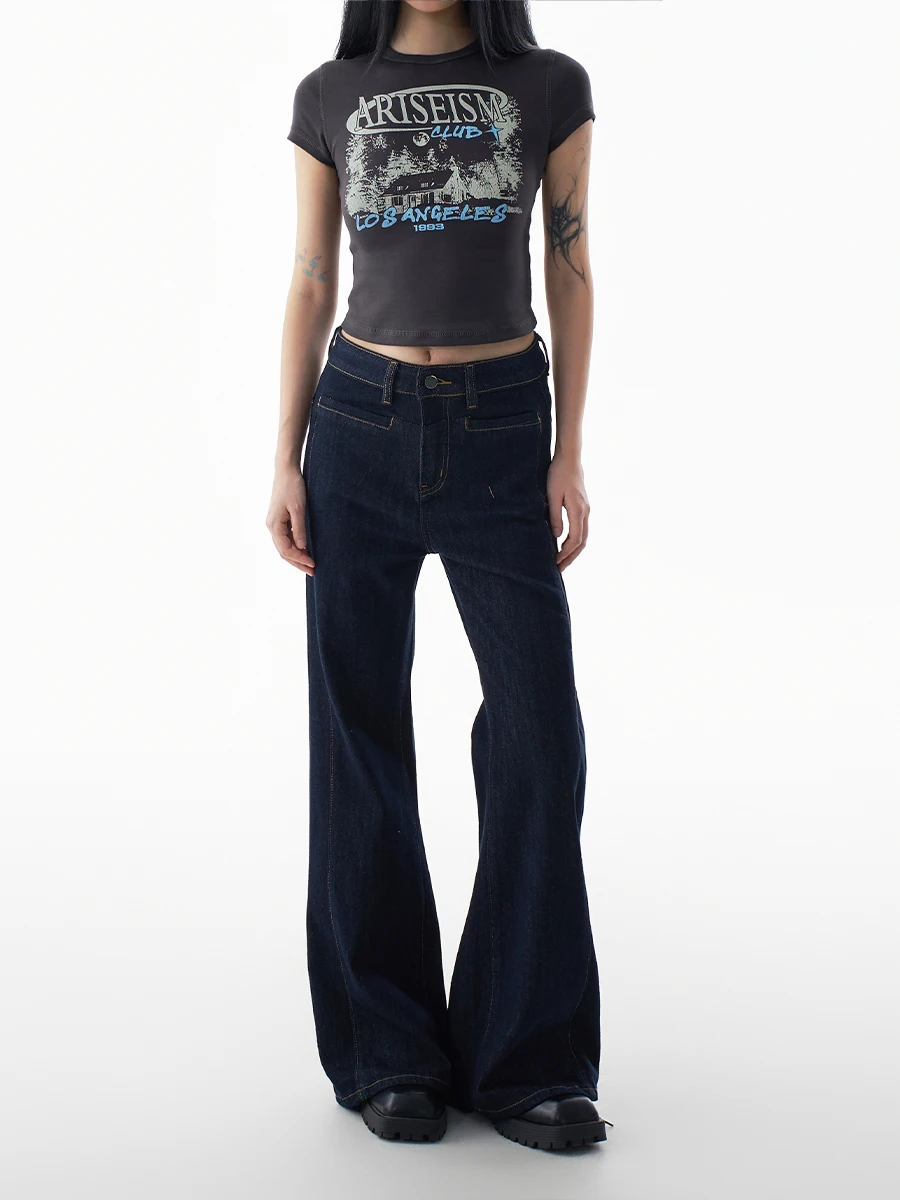 

Синие джинсы с высокой талией и широкими штанинами, женские простые повседневные прямые брюки в пол в американском стиле ретро, удобные дышащие хлопковые брюки