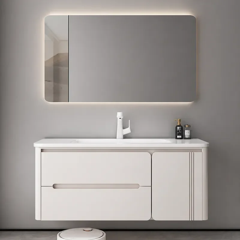 Custom Oak and Rubber Wood Solid Wood Bathroom Vanity Cabinet with Integrated Ceramic Basin Simple Style Hand Wash Sink Unit