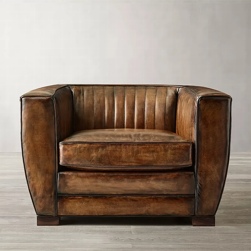 ROURKE LEATHER CHAIR, Distressed Brown Leather Club Chair with Chesterfield Tufting, Vintage Modern Living Room Accent Chair