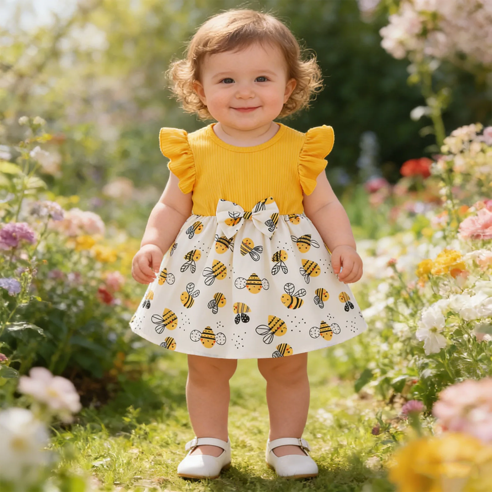 

Милое платье с принтом пчелки для маленьких девочек, весенне-летняя повседневная одежда для школы, праздников, тематических вечеринок, дня рождения, фотосессий