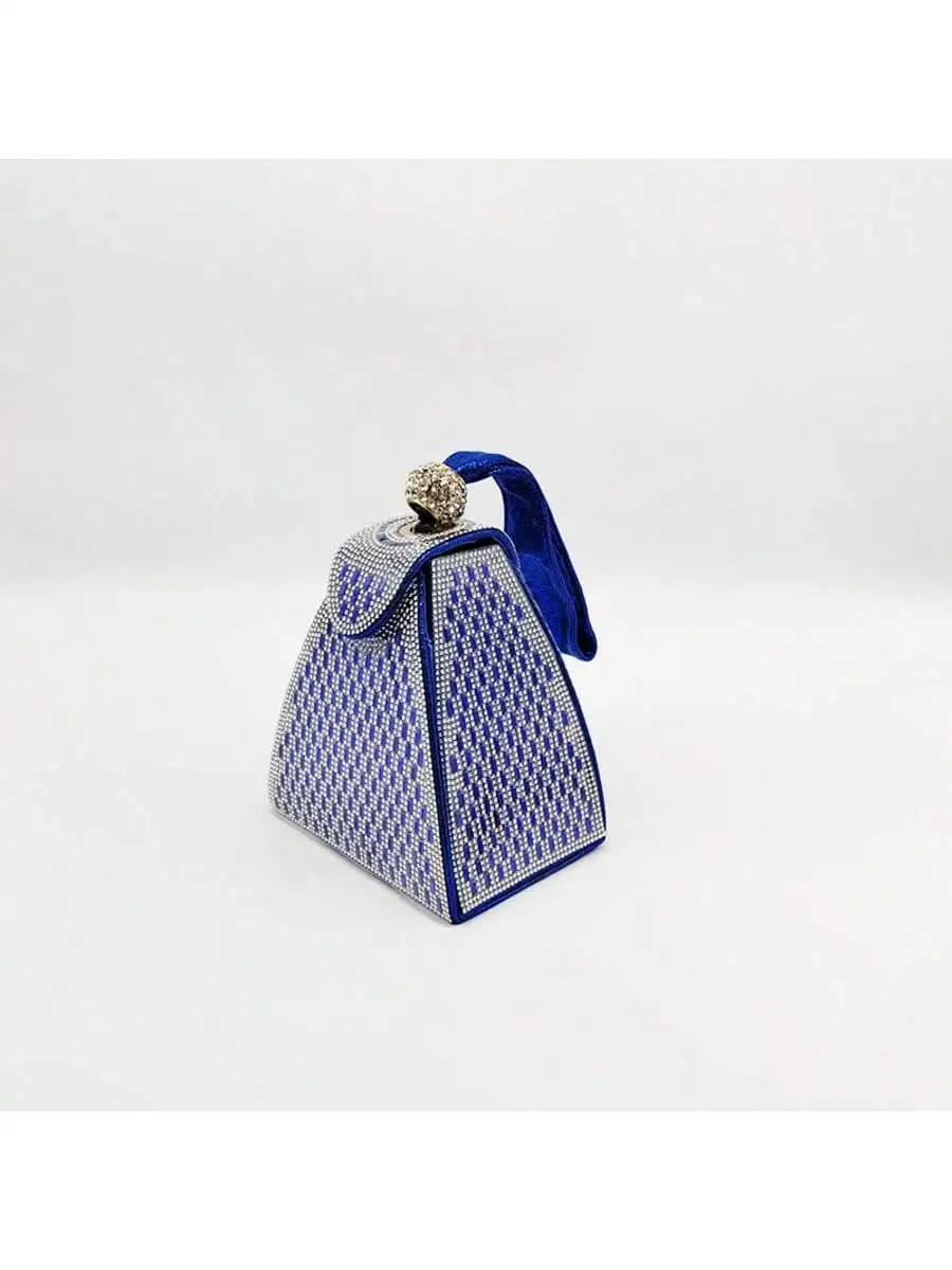 

Elegant Triangular Rhinestone Clutch Bag With Blue Velvet Strap For Party Evening Wear