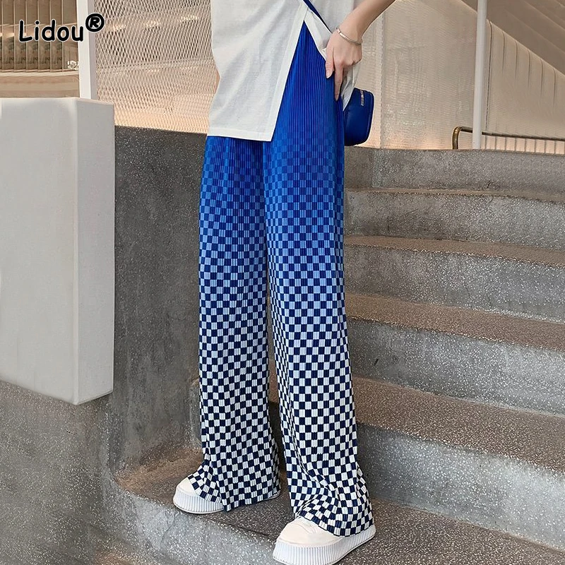 

Women's Fashion Gradient Plaid Print Loose Straight Wide Leg Pants Casual Summer Oversize Comfortable Trend Hip Hop Clothing