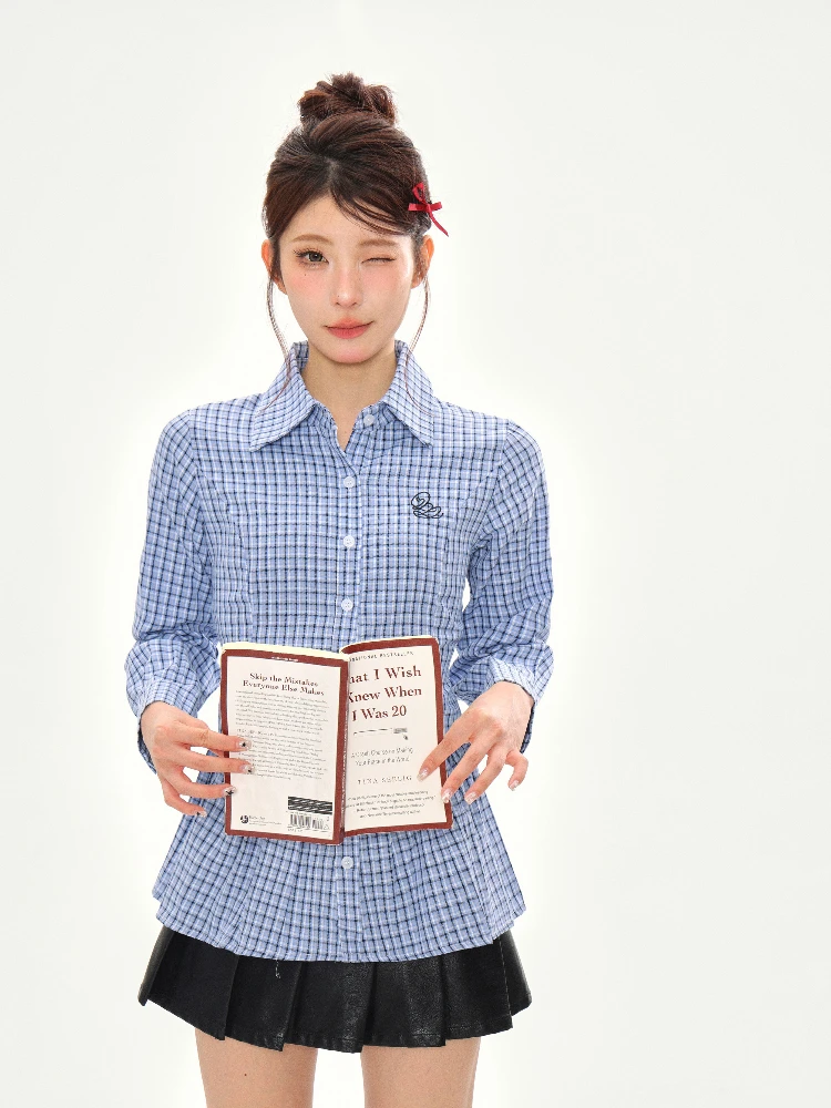 ADAgirl Harajuku Checkered Shirt Women Blue Plaid Long Sleeve Frilled Blouse Preppy Style Cutecore Embroidery Uniform Clothes