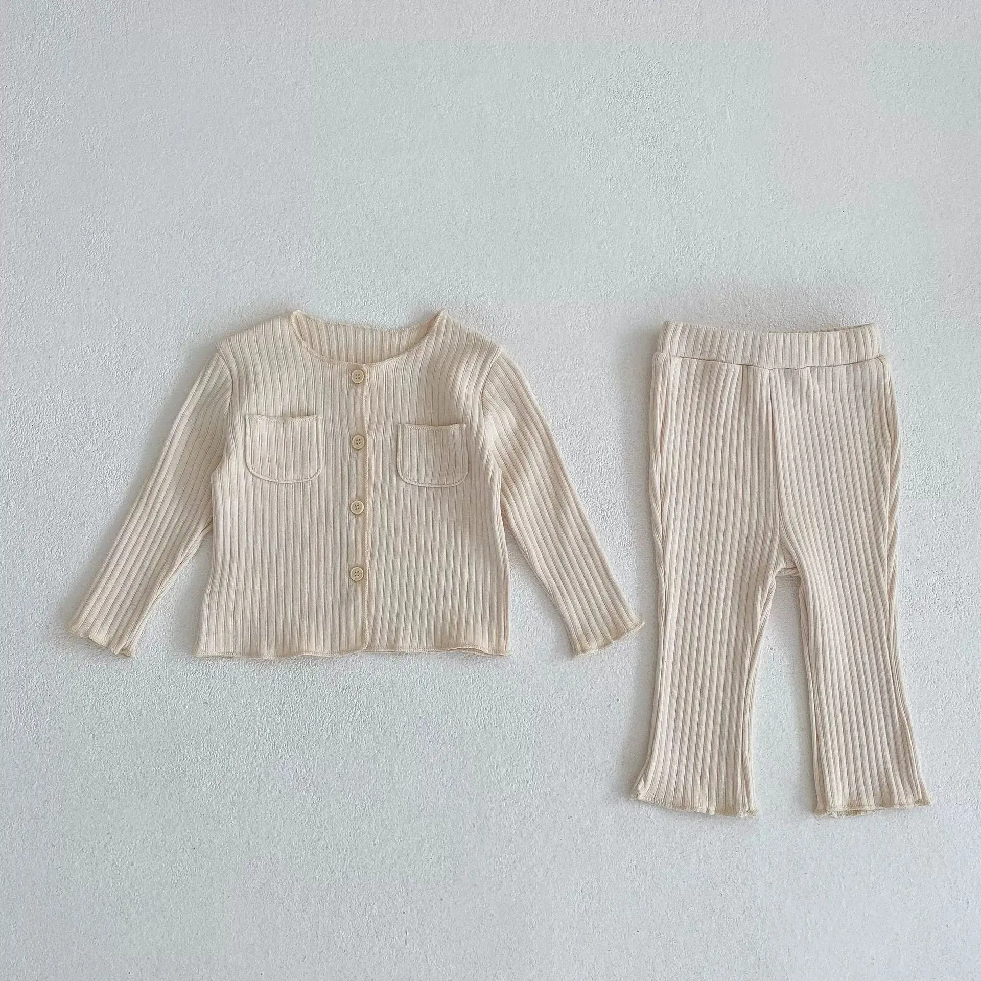 2024 Autumn New Baby Girl Long Sleeve Clothes Set Solid Ribbed Cardigan + Leggings 2pcs Suit Cotton Infant Home Wear Outfits