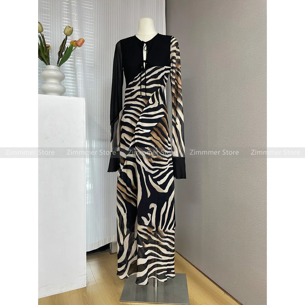 Retro sexy zebra pattern stitching cut slim fit long sleeve long dress female 2024 early autumn new