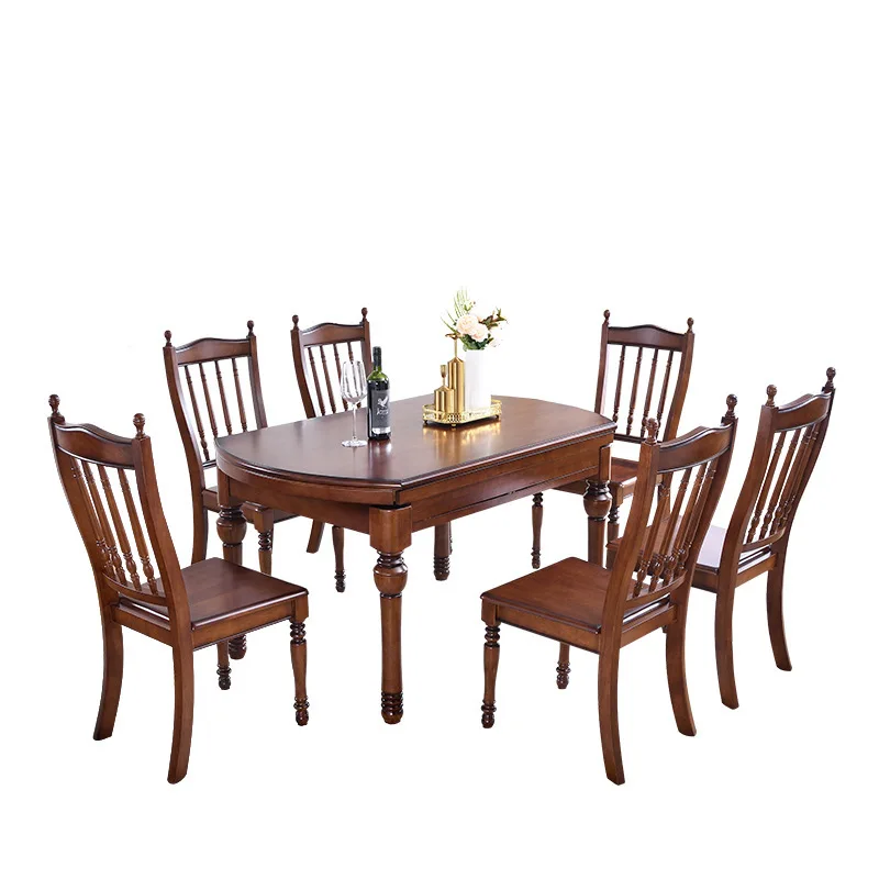 

American folding dining table, retractable household variable round table, retro rural all-solid and chai
