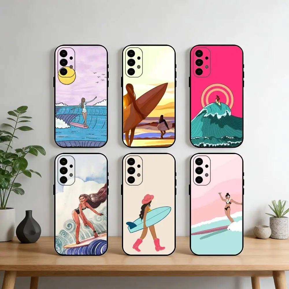 

Surfboard Surfing Art Surf Girl Phone Case For Samsung S25,S24,S21,S22,S23,S30,Ultra,S20,Plus,Fe,Note,10,9,5G Black Cover