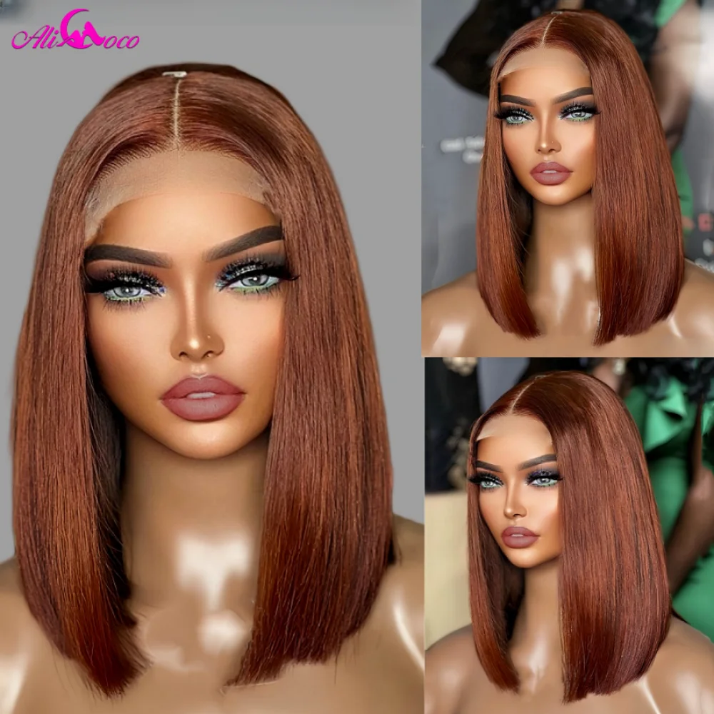 

Short Bob Bone Straight Red Brown 13x4 HD Transparent Lace Front Wig Human Hair Wigs Burgundy Red Lace Frontal Wig for Women
