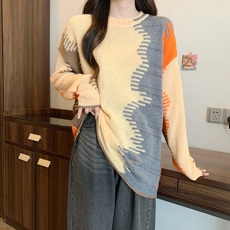 Korean Style Women's Sweaters O-neck Long Sleeve Contrast Color Loose Knitted Pullovers Casual Autumn and Winter Knitwear Female