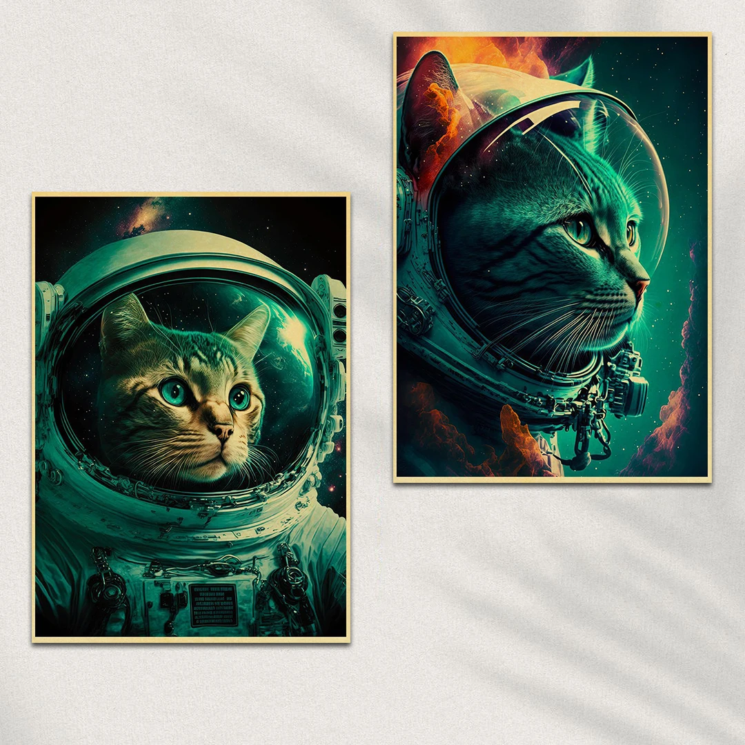 رائد الفضاء القط مضحك المشارك Vintage جدار الرسم البياني يطبع و الملصقات المنزل المعيشة غرفة نوم ديكور الفن بار مقهى فرملس جدار اللوحة
