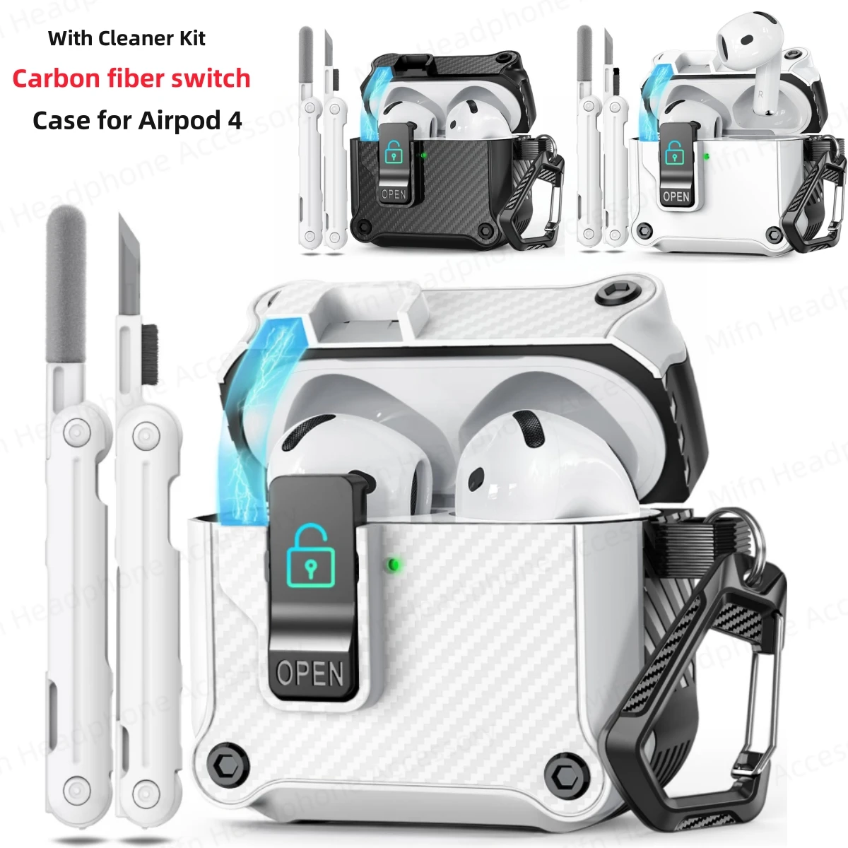 2025年版 AirPods Pro 3 セキュリティロック付きイヤホンケース クリーナーキット付き 自動ロックケース AirPods 第4世代/アクティブノイズキャンセリング搭載 2024年版対応