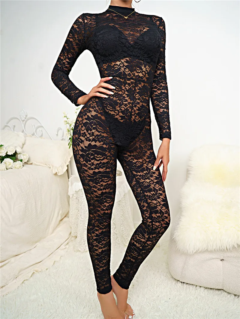 Elegant Lace Women Jumpsuits Black Long Sleeve O Neck See Through Skinny Rompers Sexy One Piece Nightclub Party Overalls