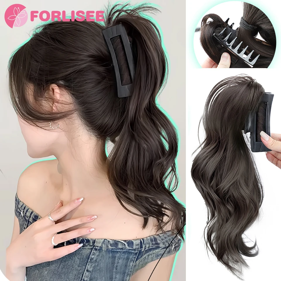 

FORLISEE Women's Clip-on Synthetic Wig Bow Half-tied Ponytail Curly Hair Gentle Versatile Shark Clip Wig Fluffy Hair