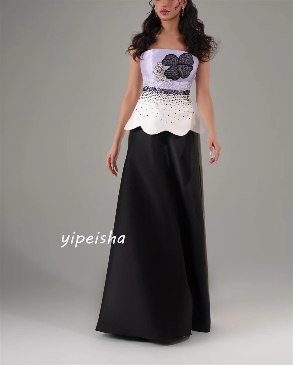 Jersey gaun pesta berpayet bunga Ruched Clubbing A-line tanpa tali bahu Bespoke gaun acara gaun panjang