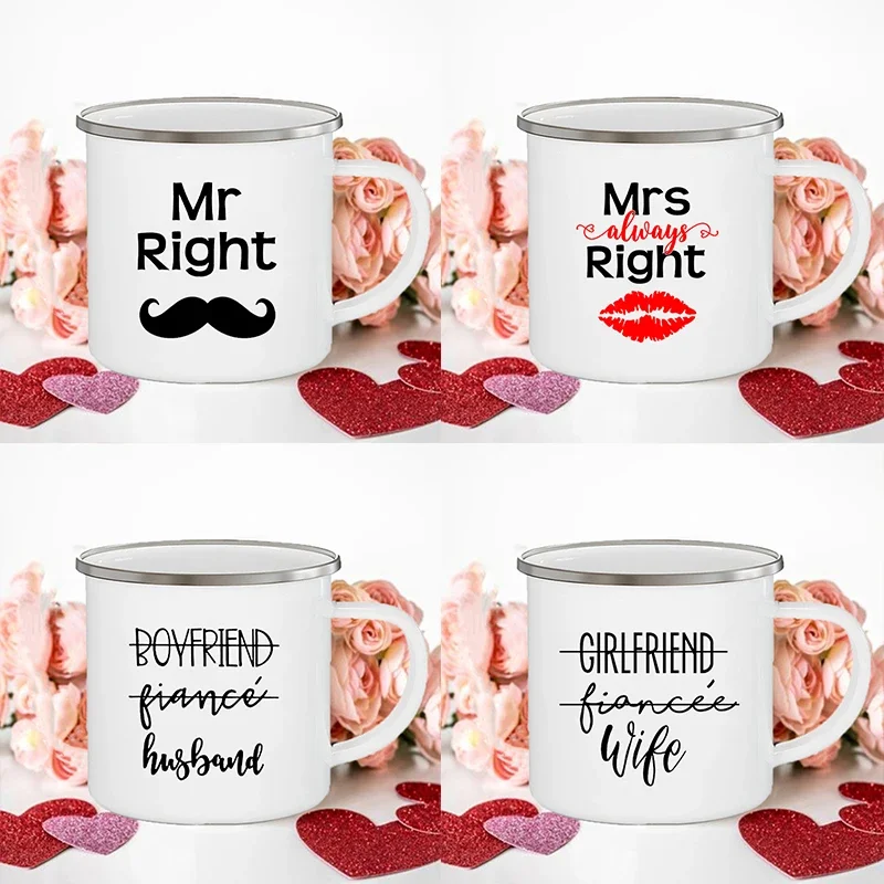 Mrs/mr Right Print Couple Mugs Creative Coffee Cup Drink Dessert Breakfast Milk Cups Enamel Mugs Handle Drinkware Valentine Gift