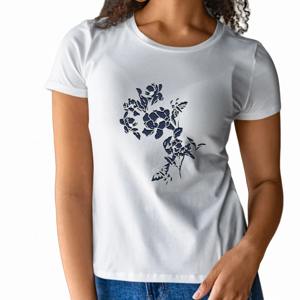 

Elegant Womens Short Sleeve T Shirt Dark Floral Design on White for a Sophisticated and Timeless Summer Look