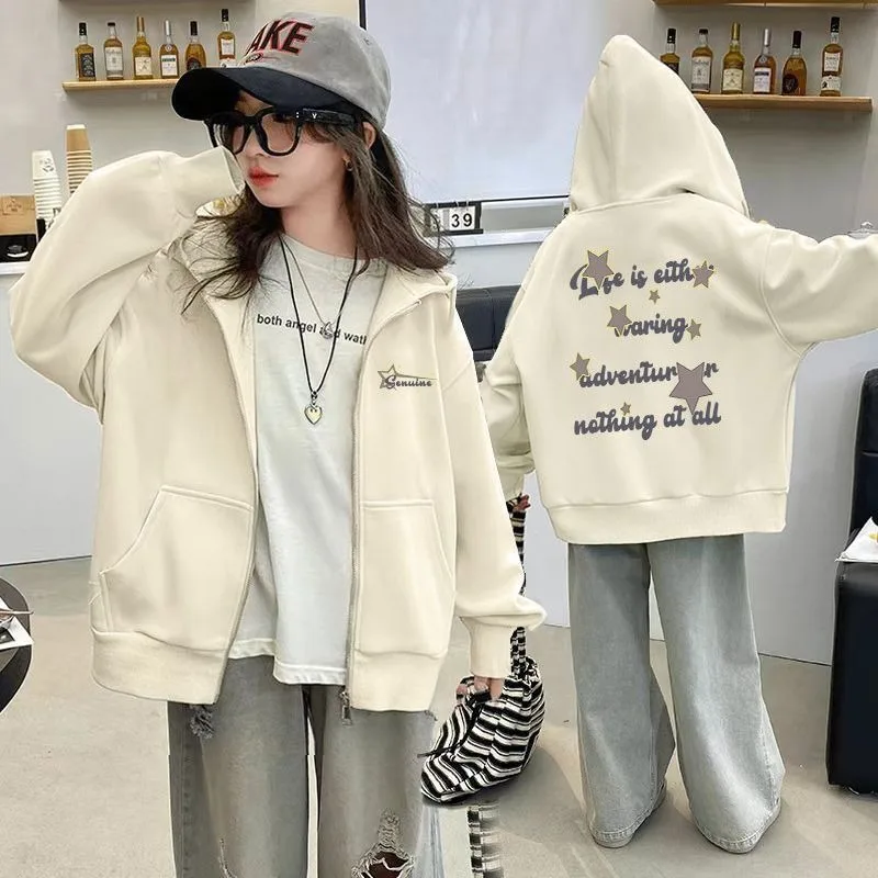

Autumn Winter 2025 New Girls Plus Size Cartoon Stars Hooded Cardigan Jacket Cotton Zipper Outerwear Casual Wear