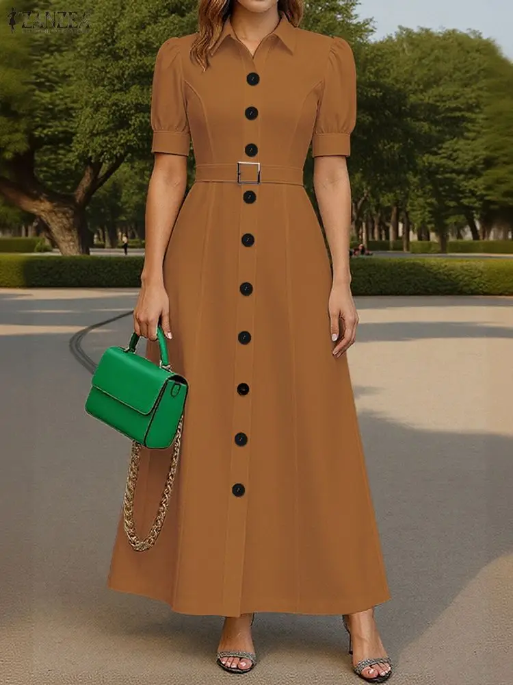 ZANZEA فستان طويل أنيق للحفلات مع حزام 2025 صيفي نسائي سادة بأكمام قصيرة ماكسي فيستدوس موضة الزفاف قميص ذو طية صدر السترة رداء #3