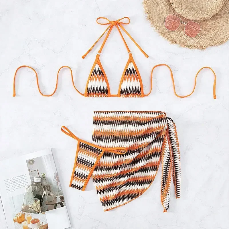 Costume da bagno sexy a righe per donna, bikini arancione in 3 pezzi, perizoma, vita bassa, mini costumi da bagno a 3 punti, gonna da spiaggia, bretelle, senza schienale, nuovo