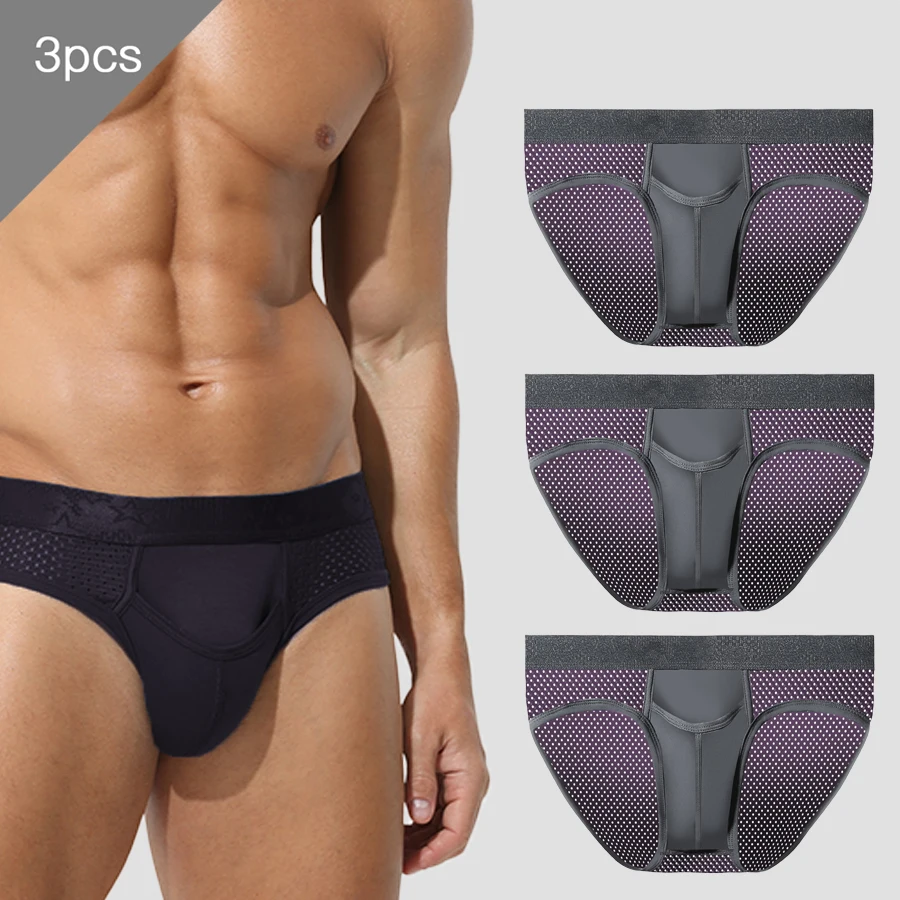 

3pcs Men's shotgun split briefs sexy U convex briefs vein ice silk scrotum support spermatic cord shorts varicose