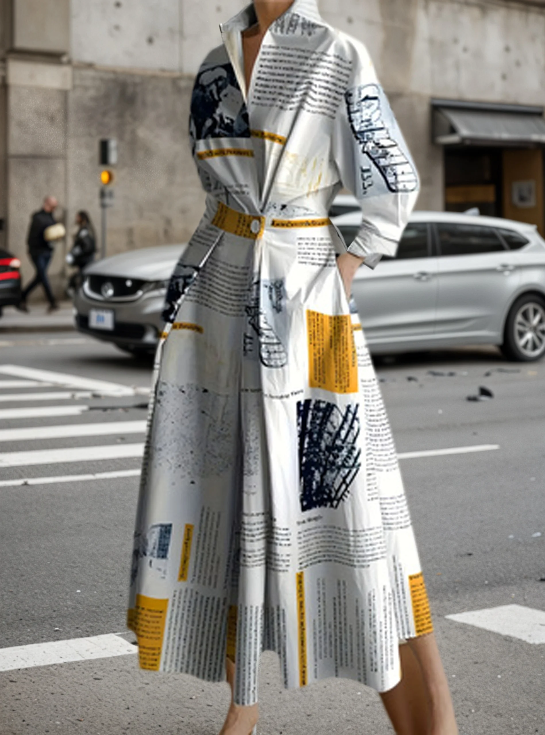 فستان نسائي جديد مطبوع عليه صحيفة لعام 2025 مع ياقة واقفة، فستان خريفي طويل الأكمام حضري غير رسمي متوسط الطول