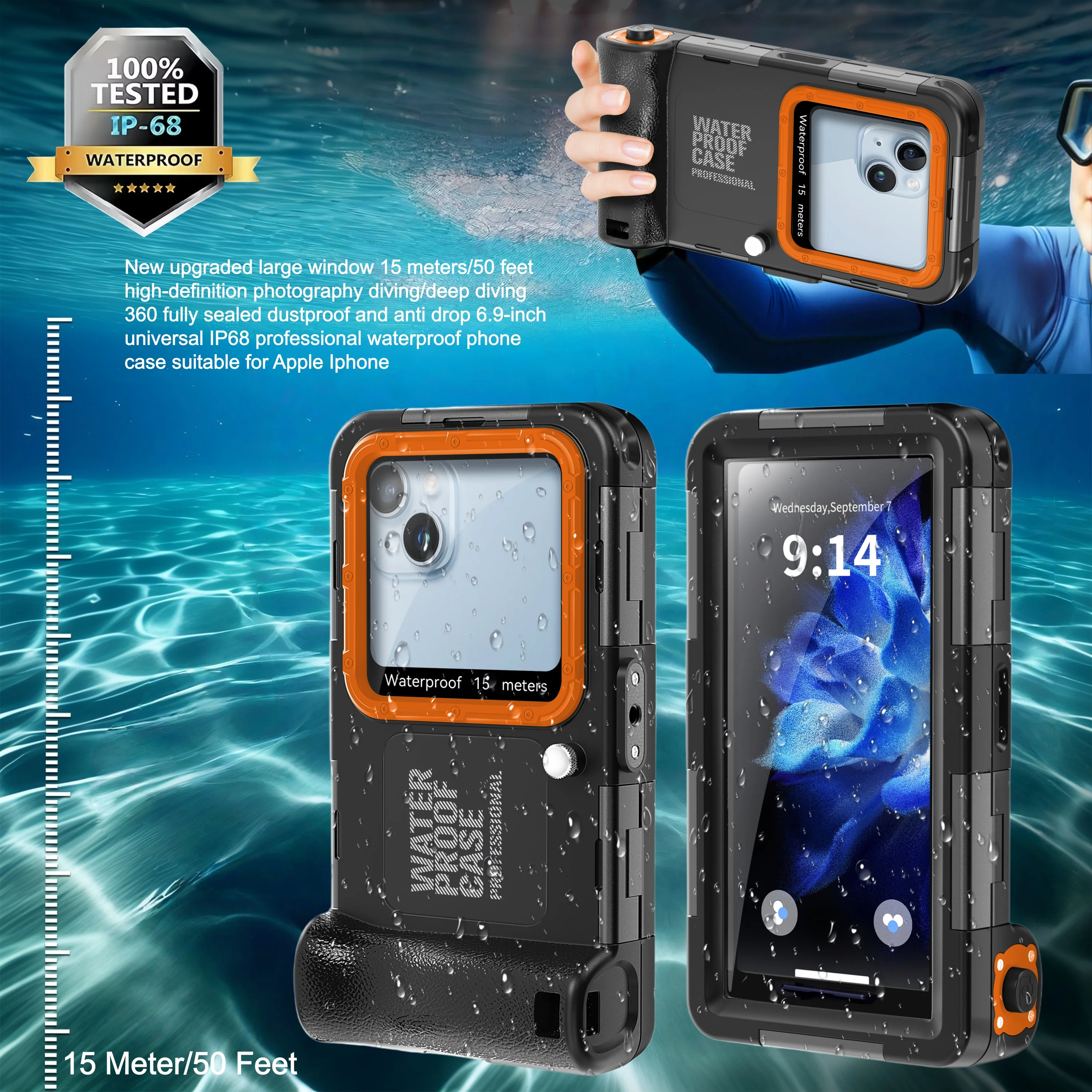 

15M/50Ft Professional Snorkeling Swimming Waterproof Phone Case For Iphone 17 Pro Max 16 Plus 15 14 13 12 11 Air 16E 17E Cover