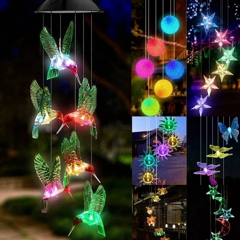 Carillón de viento solar LED - Cristal colibrí, luz cambiante - imagen 5