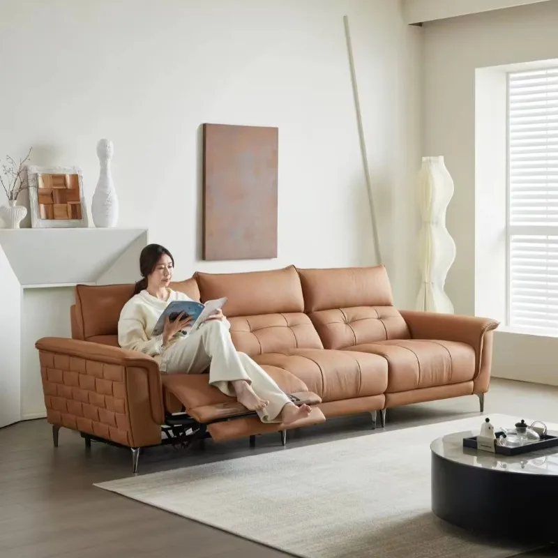 Italian Modern Home Theater Recliner Fully Brown Electric Solid Metal Armrests Genuine Leather Massage Foldable Powered Cinema