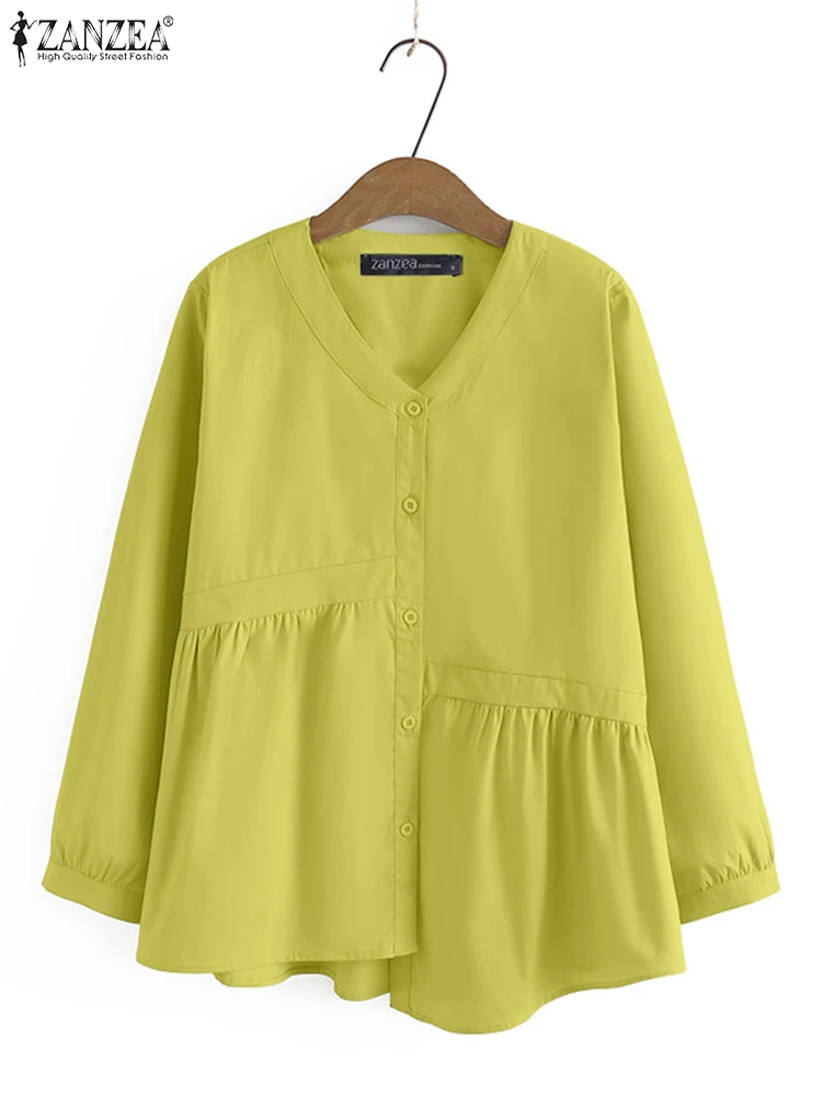 

2025 ZANZEA Women Autumn V Neck Long Sleeve Blouse Casual Solid Shirt Female OL Work Tops Mujer Loose Chemise Buttons Up Blusas