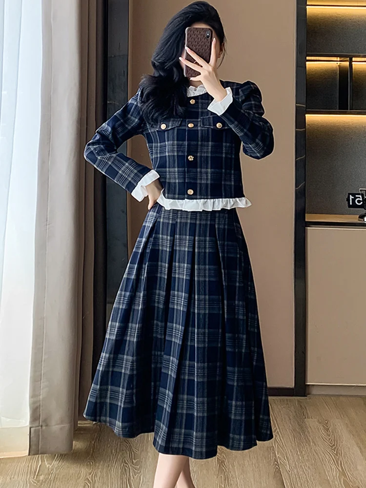 High Quality Temperament Office Lady Suit Casual Plaid Ruffles Crop Tops + Pleated Midi Skirt Suit Set Elegant Women 2 Piece Set