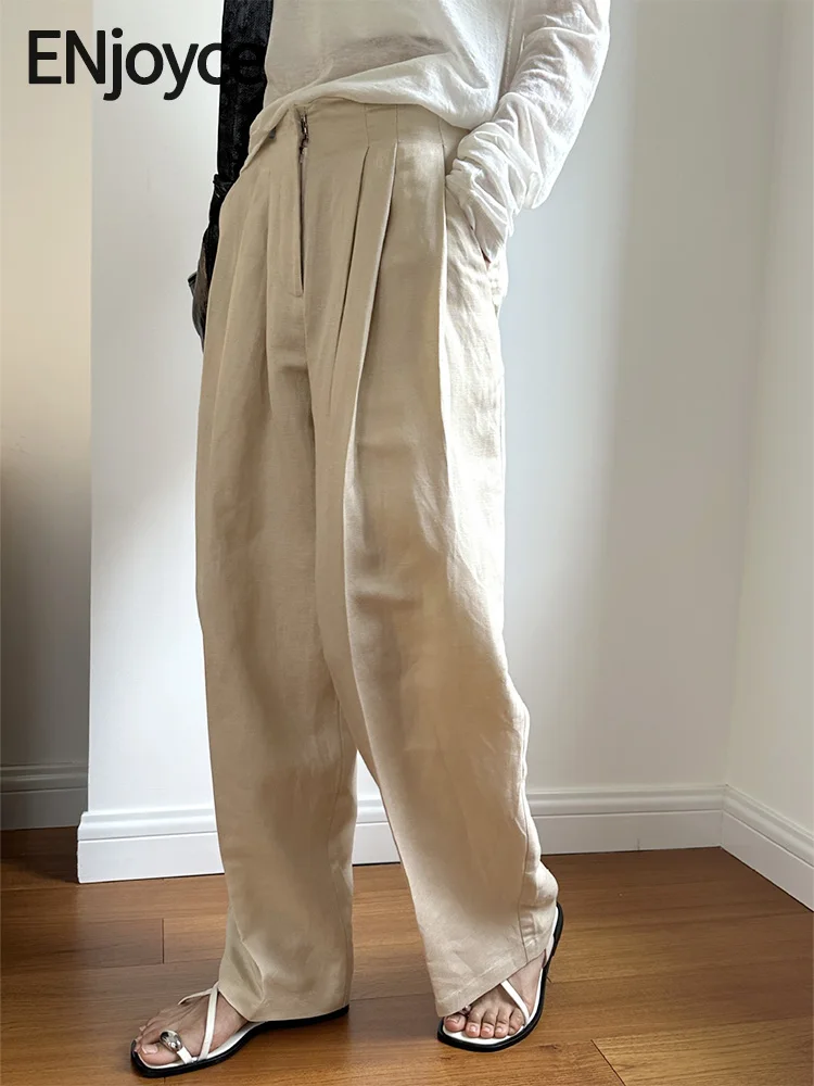 

2024 Summer Women Korean Fashion Wide Leg Linen Pants Cool Breathable Streetwear Ladies High Waist Loose Trousers Beige/Blue