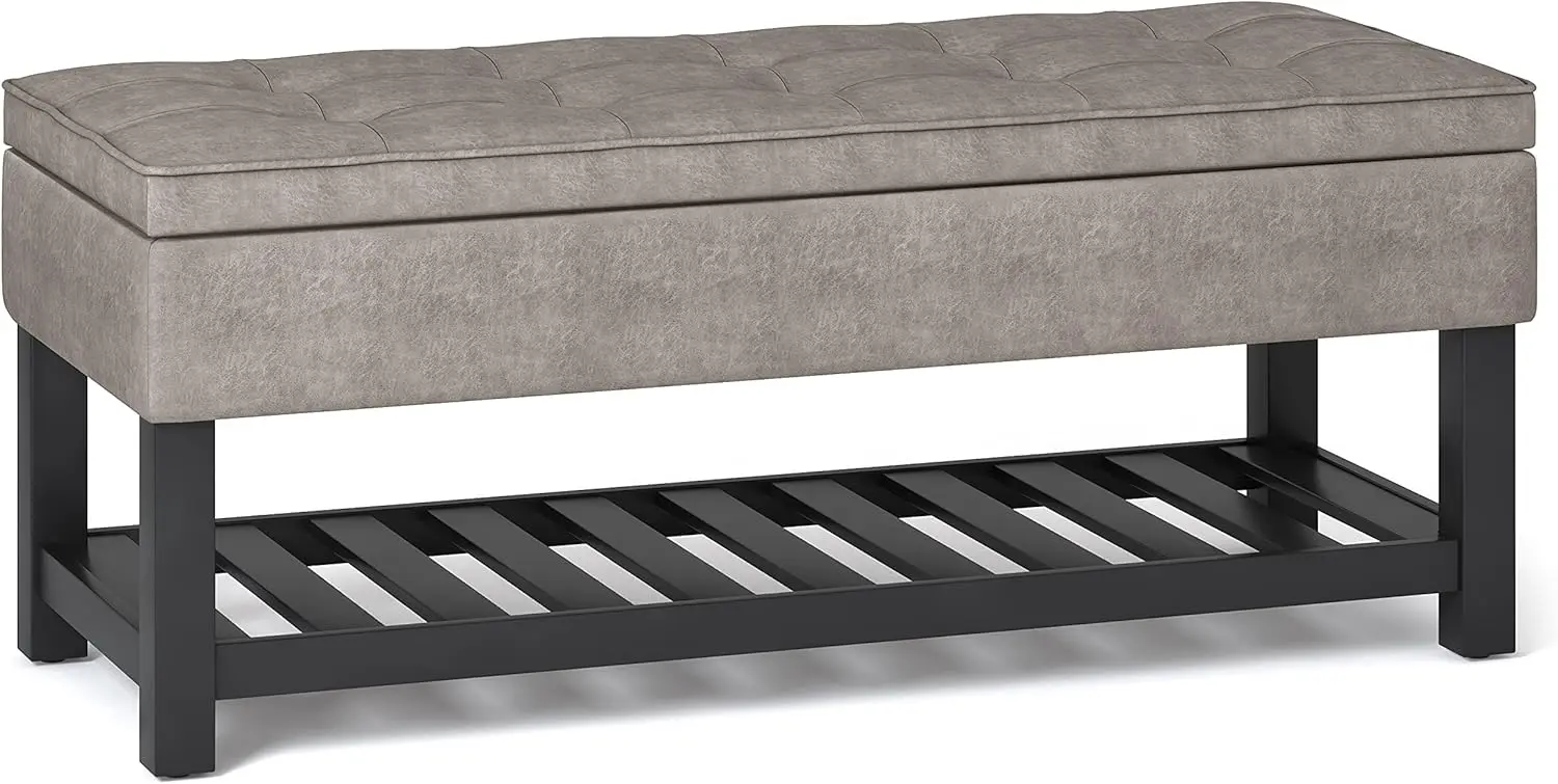 44 Inch Wide Transitional Rectangle Storage Ottoman Bench with Open Bottom in Distressed Grey Taupe Vegan Faux Leather