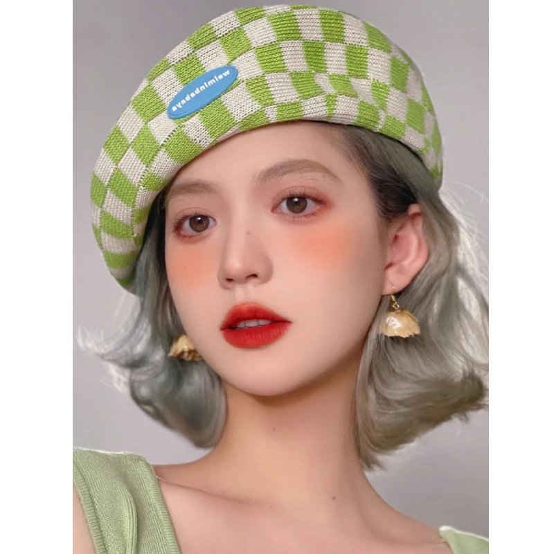 Y2K Millennium Fruit Green Checkerboard Hollow Beret Caps for Women Korean Spring Summer Breathable Painter Hat Gorros De Mujer