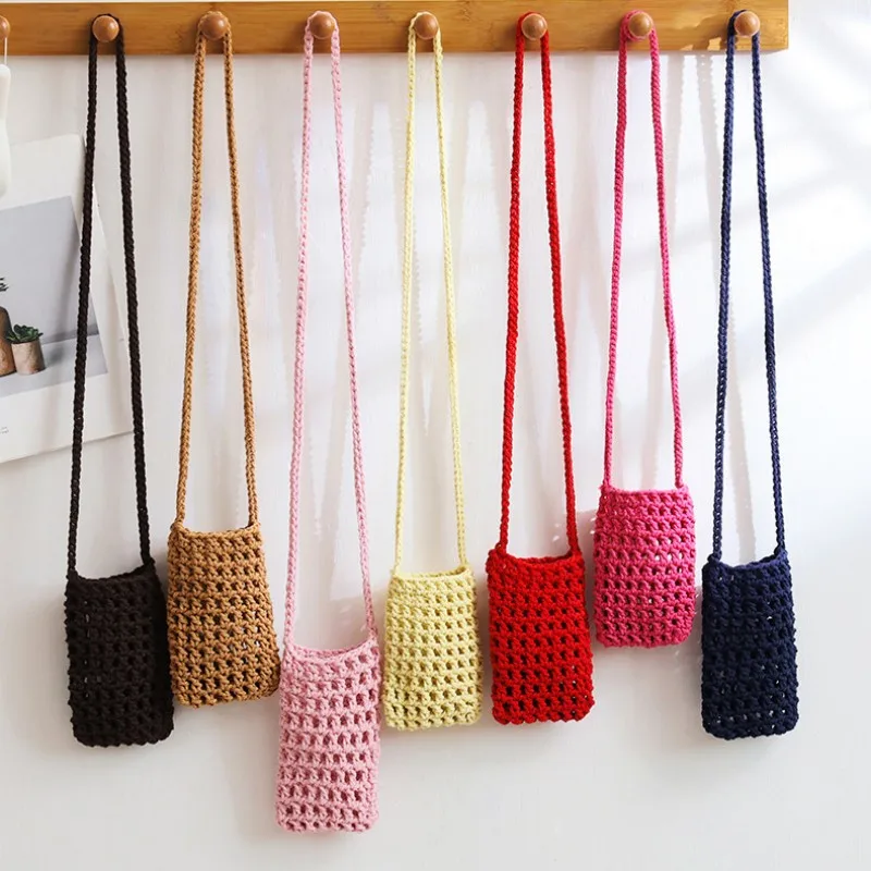 

Hollow Knitting Phone Bag Open-Top Colorful Beach Handbag Small Purse Stylish Crossbody Bag For Travel Small Item Storage Beach