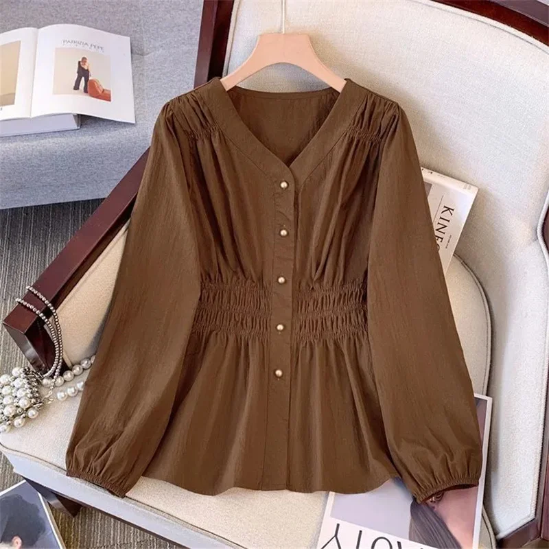 

Elastic Waist Long-Sleeved Shirt Female 2026 Spring Summer New Coat Women Fashion Design Sense Pleated Blouse Large Size Top