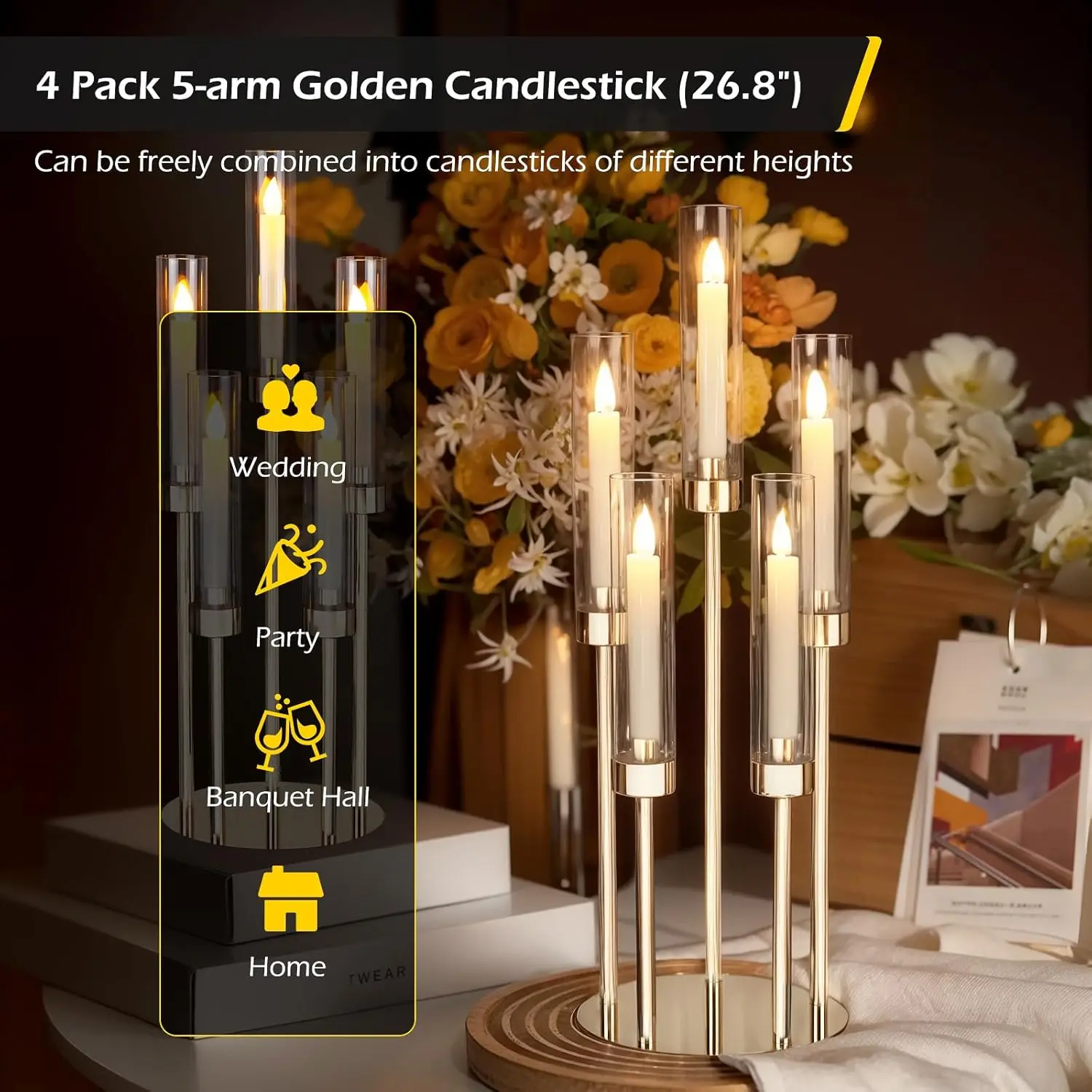 4 مجموعات من الشمعدانات الأرضية 5 أذرع 26.8 بوصة شمعدانات ذهبية طويلة مع عاكس الضوء من الأكريليك، قطع مركزية للطاولات #2