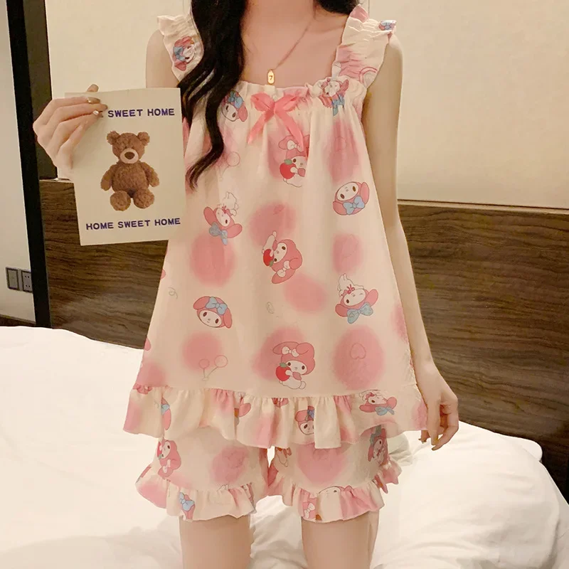 Sanrio New Meilti Sling Pajamas Ice Silk Leisure Lightweight Breathable with Chest Pad Please Cool Cute Cartoon Home Pajamas