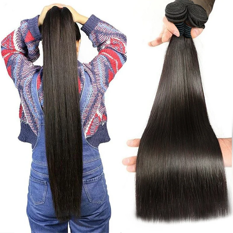 O cabelo humano reto brasileiro empacota com fechamento, extensões 100% do cabelo humano, cor preta natural, cabelo grosso