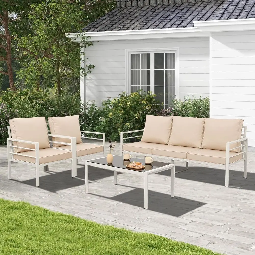 

4-Piece White Outdoor Metal Patio Furniture Set with High Backrest, Glass Coffee Table, All-Weather Cushions & Waterproof Covers