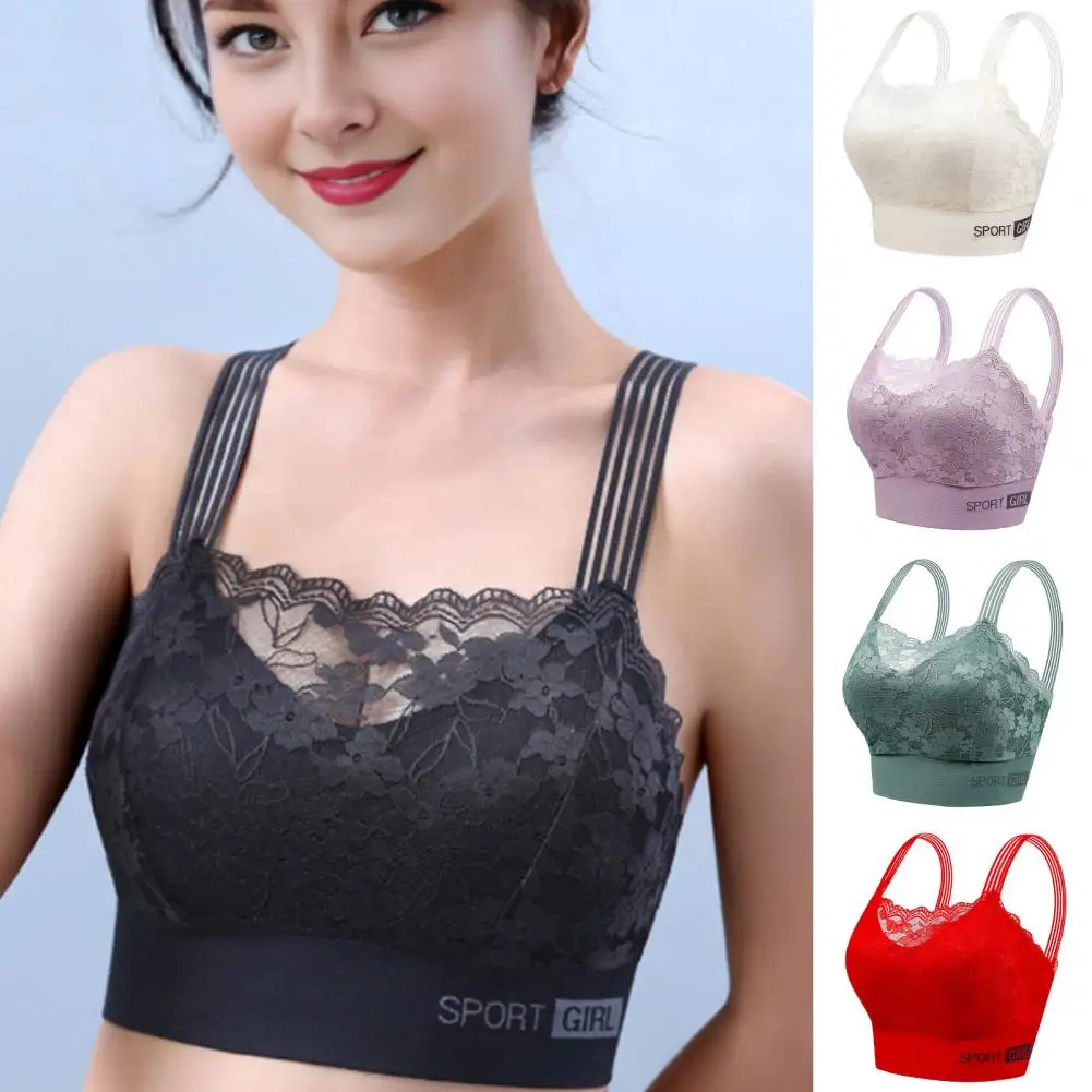 Solid Color Lace Bra Floral Lace Bandeau Bra with Wide Shoulder Straps for Maximum Comfort Support Shockproof Push-up for Women