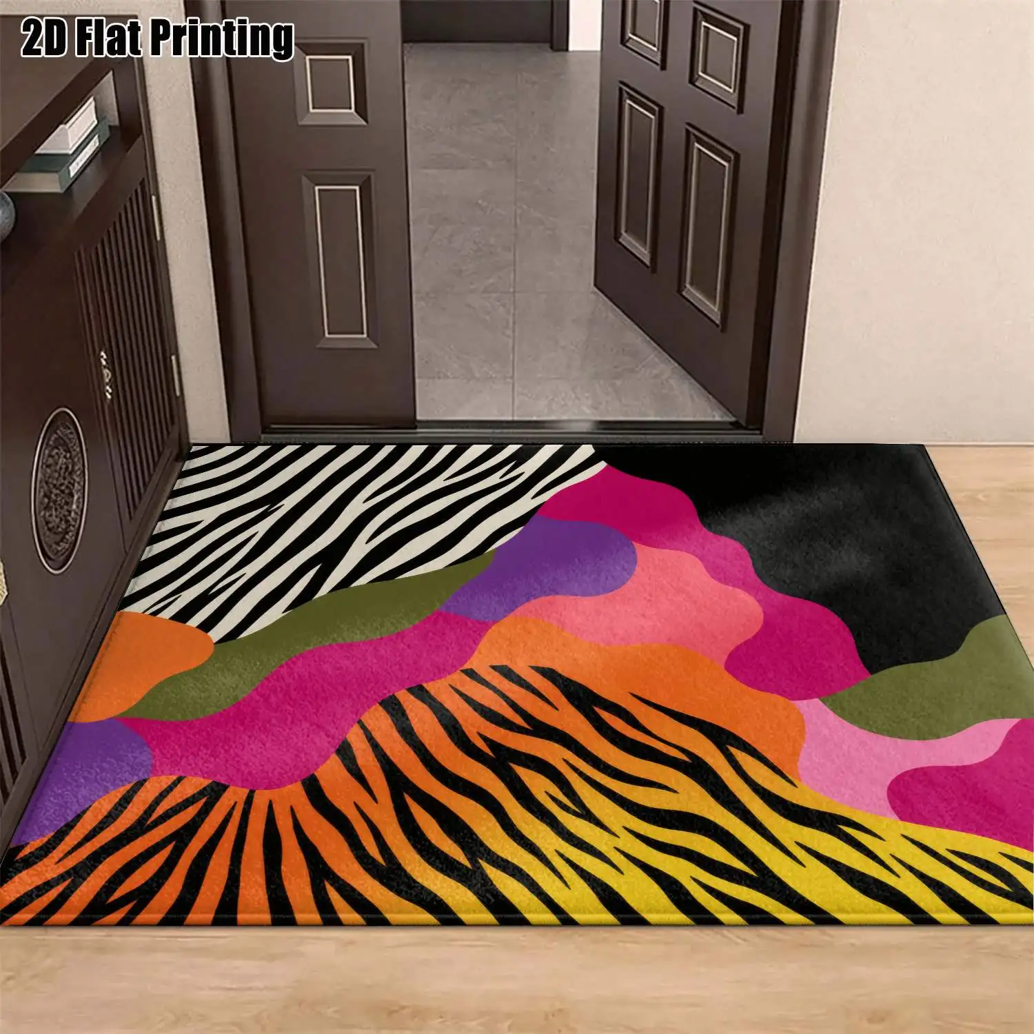 1Pc 2D Printed Carpet: Black Base, Colorful Abstract Stripe Pattern Nordic/Bohemian Modern Minimalist Style, Instagram-Inspired Floor Mat, Machine Washable, Multi-Size, Ideal for Entryway, Dining Room, Foyer, Bedroom, Living Room Home Decor.