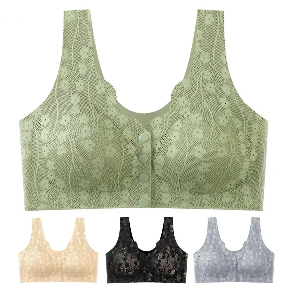 Wide Shoulder Strap Bra Flower Lace Push-up Jogging Bra for Mid-aged with Front Button Closure Shockproof Design Women