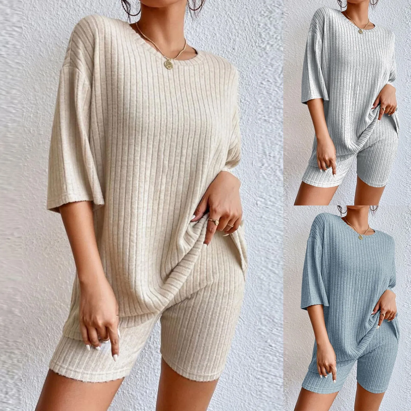 2023 Women\'s Summer Vacation Fashion Casual Suit Solid Color O Neck Shorts Sleeved And Tops Suits Two Piece Sets Homewear