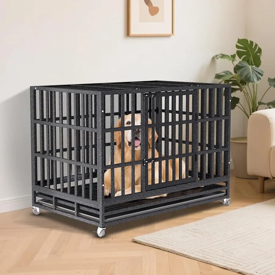 

Enhanced Hea y Duty Dog Kennel Crate Cage with Strong Metal Frame, Double Doors and Lockable Wheels, for Extra Large Dog Breeds,