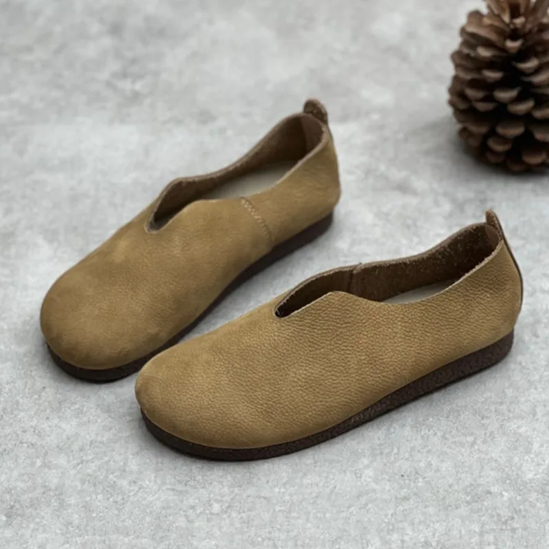 Johnature Genuine Leather Solid Color Women Flats Shoes 2024 New Concise Retro Handmade Round Toe Shallow Slip-on Shoes