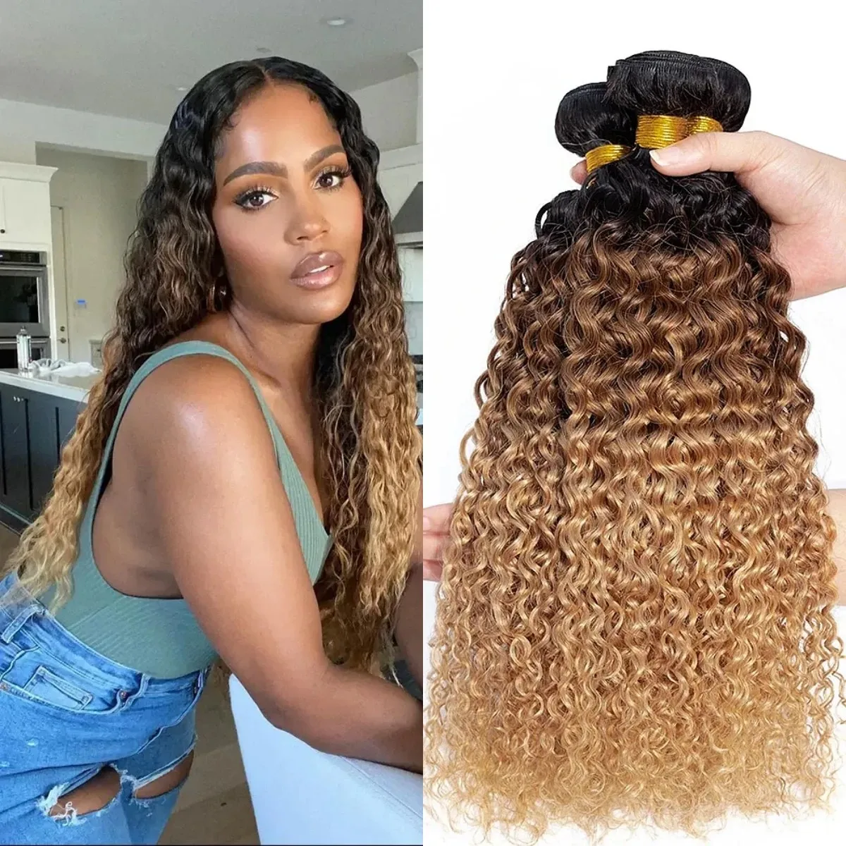 12A Brazilian Kinky Curly Human Hair Bundles Ombre Blonde Colored Curly Hair Weave 3/4 Bundles 100% Virgin Raw Hair Extensions