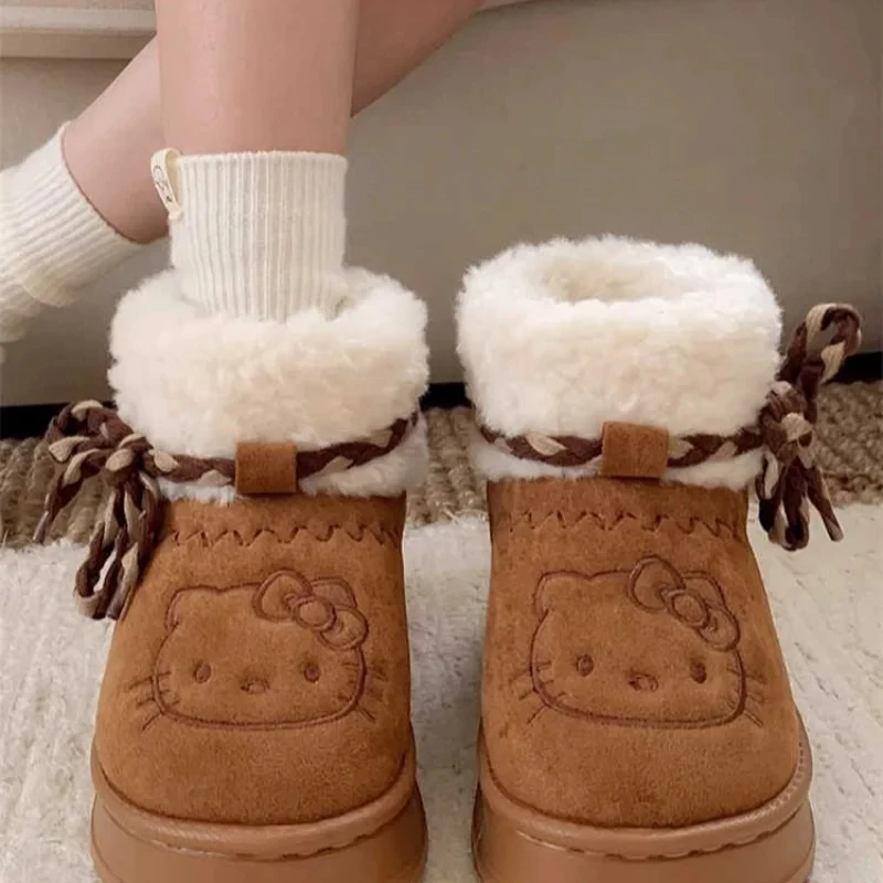 2024 New Sanrio Hello Kitty Snow Winter Girl Plush Booties Keep Warm Slippers Shoes Non-Slip Sneakers Outdoor Warmth Snow Boots